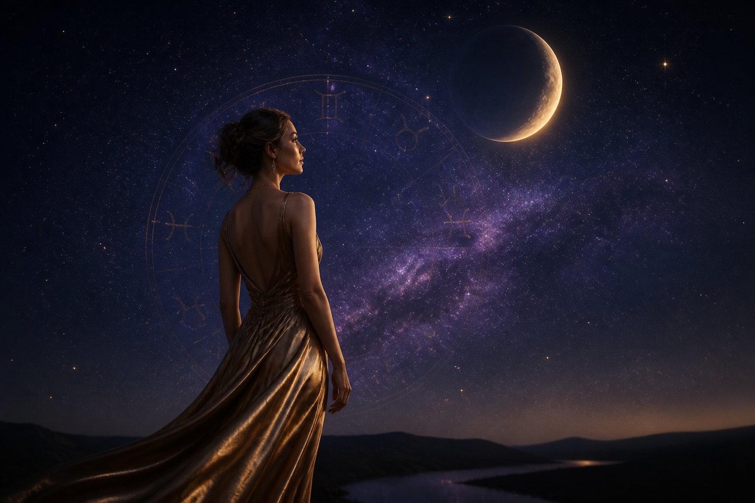 A woman under a starry sky in moonlight